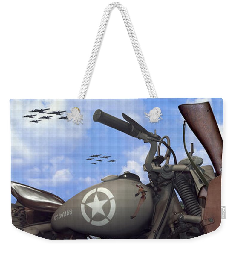 Ww2 Weekender Tote Bag featuring the photograph Indian 841 and the B-17 Panoramic by Mike McGlothlen