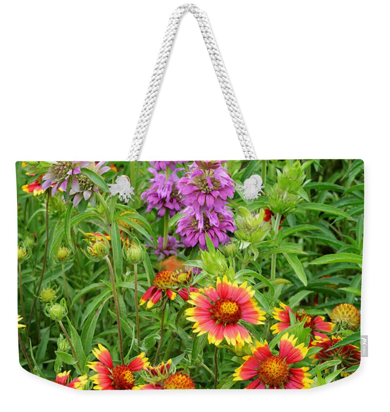 Spring Weekender Tote Bag featuring the photograph Indian Blankets and Lemon Horsemint by Lynn Bauer