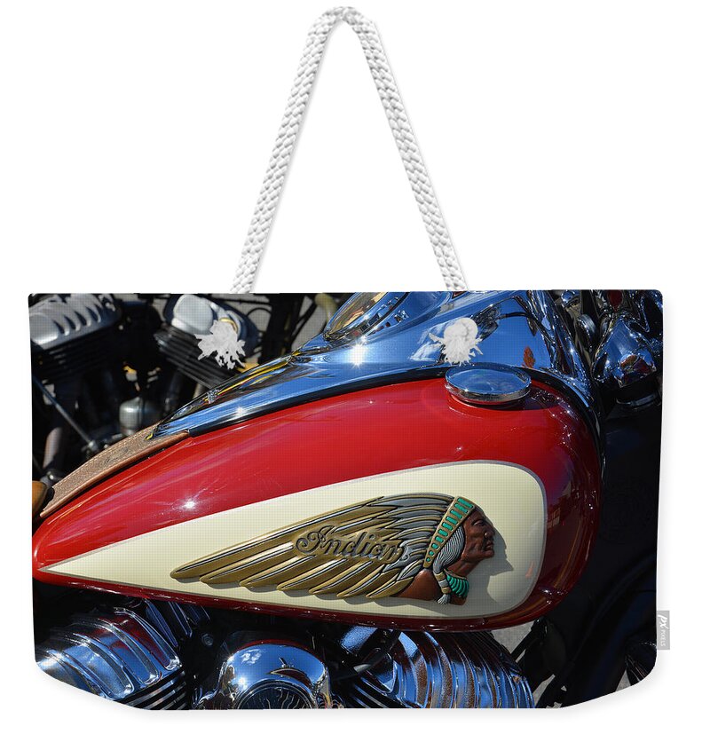 Bike Weekender Tote Bag featuring the photograph Indian Motorcycle Gas Tank by Mike Martin