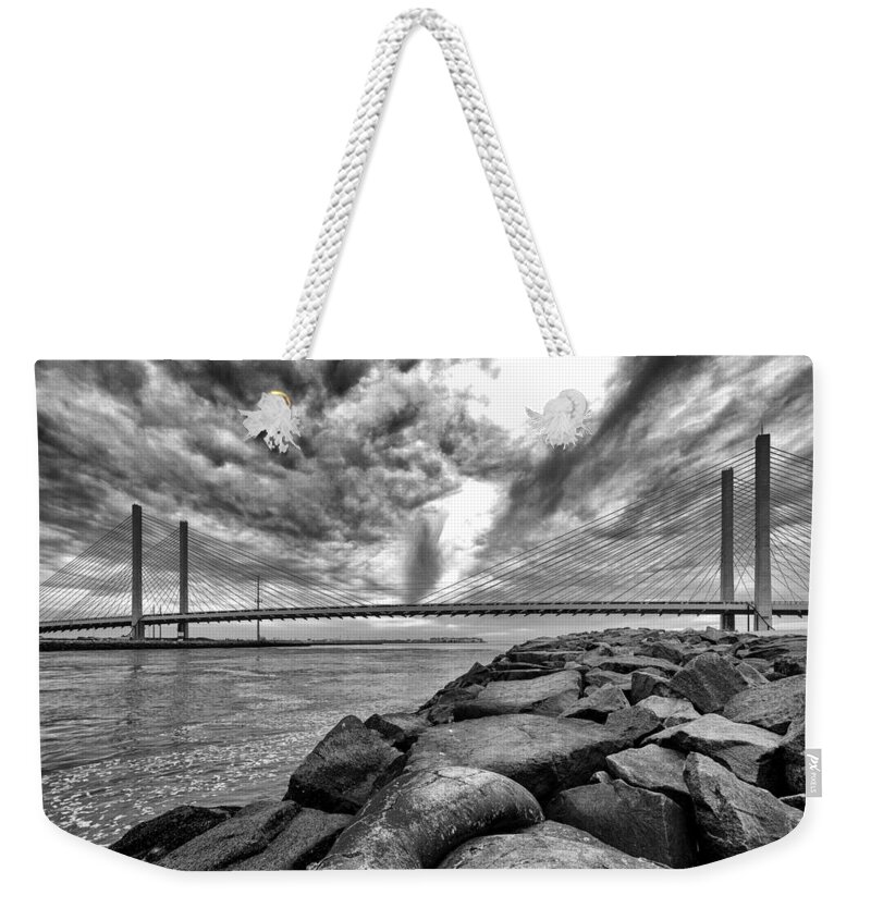 Indian River Bridge Weekender Tote Bag featuring the photograph Indian River Bridge Clouds Black and White by Bill Swartwout