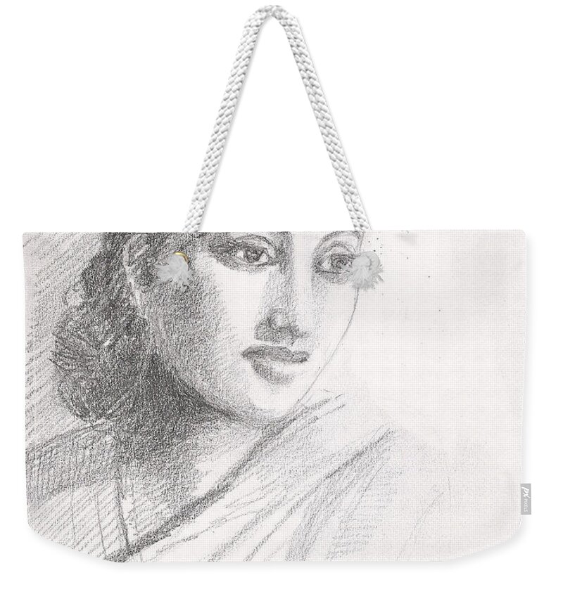 Indian Woman Weekender Tote Bag featuring the drawing Indian Woman by Asha Sudhaker Shenoy