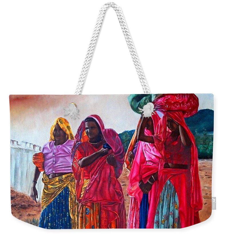 India Weekender Tote Bag featuring the painting Indian Women by Michelangelo Rossi