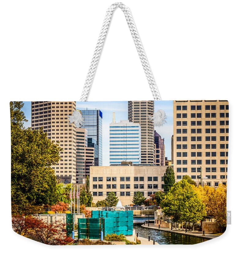 America Weekender Tote Bag featuring the photograph Indianapolis Skyline Picture of Canal Walk in Autumn by Paul Velgos