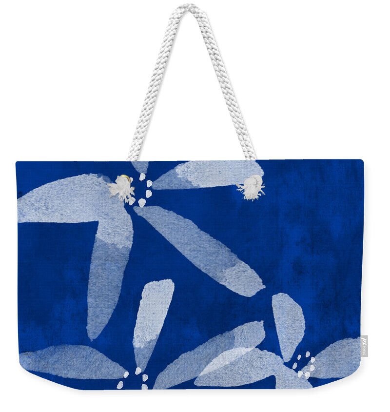 Abstract Weekender Tote Bag featuring the painting Indigo Flowers by Linda Woods