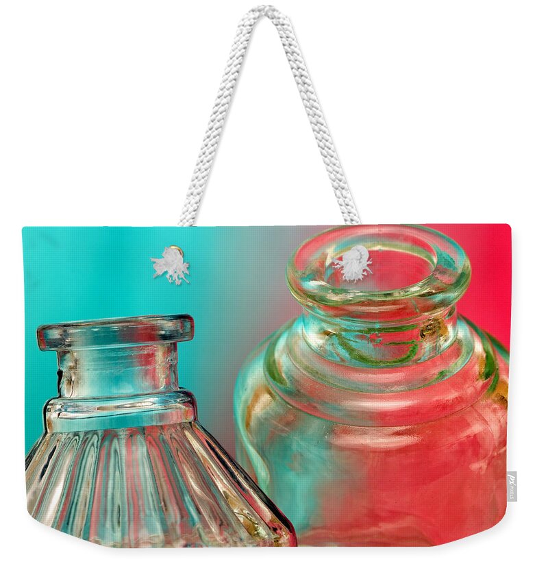 Ink Weekender Tote Bag featuring the photograph Ink Bottles on Color by Carol Leigh