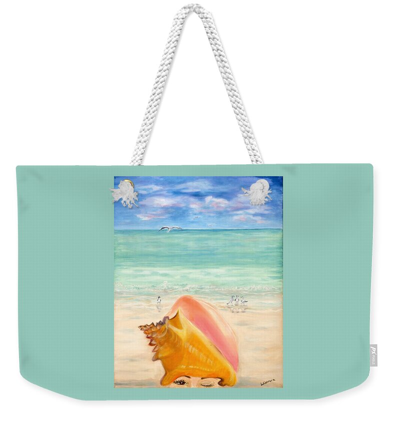 Key West Weekender Tote Bag featuring the painting Inside the Head of a Conch Woman by Linda Cabrera