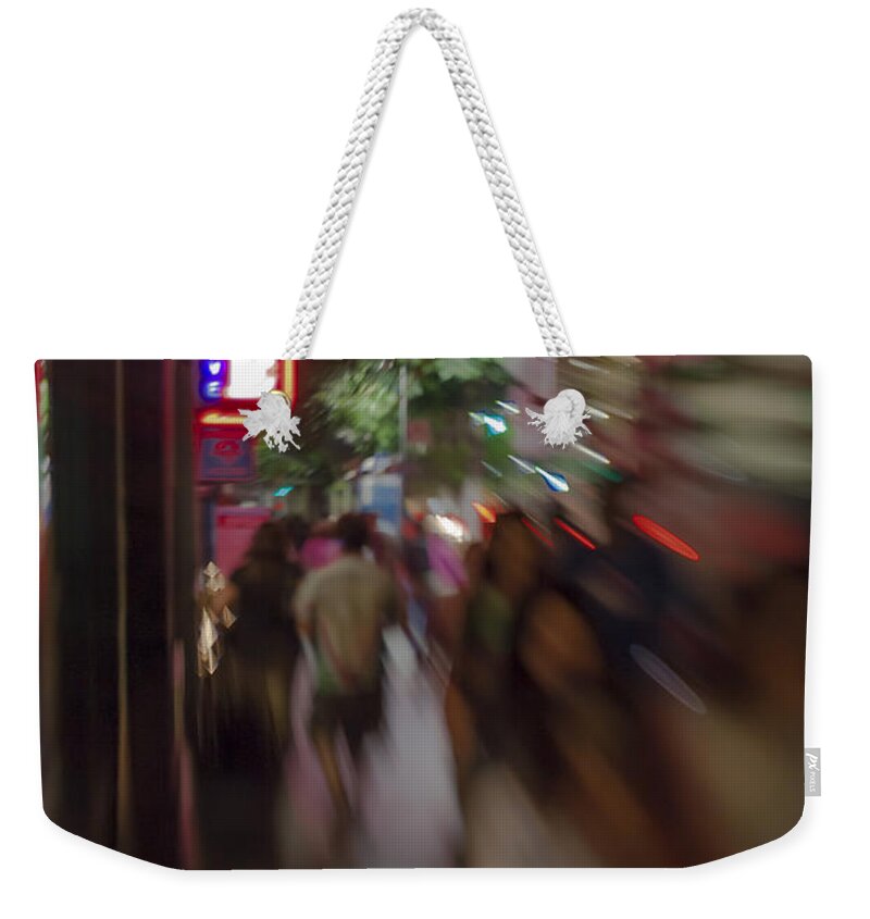 Award Winning Weekender Tote Bag featuring the photograph International Cafe Neon Sign and Street Scene at Night Santa Monica CA Portrait by Scott Campbell