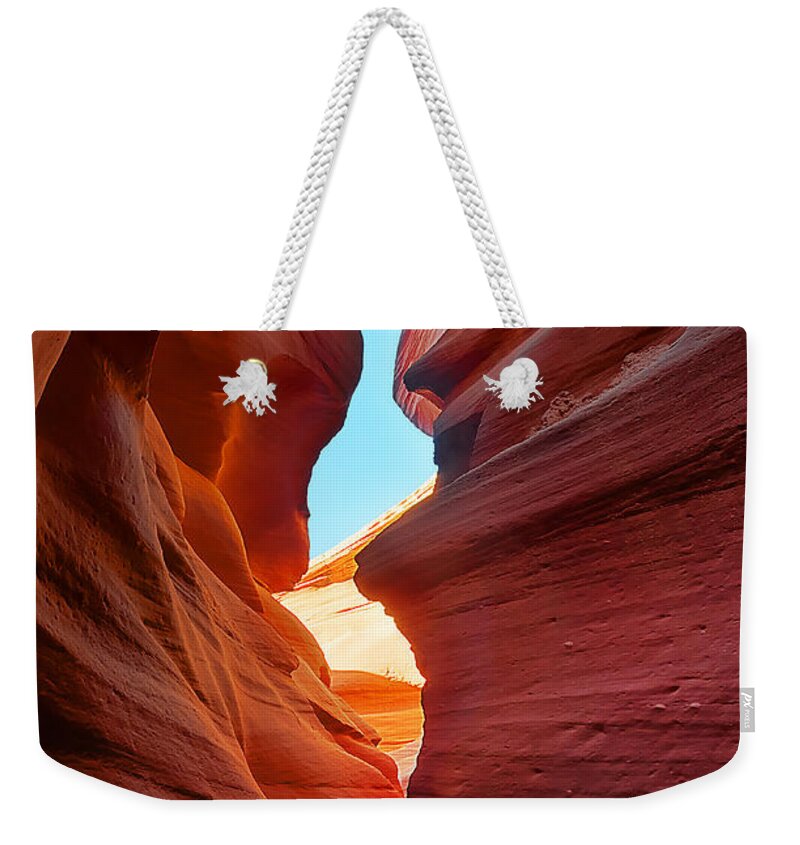 Antelope Canyon Weekender Tote Bag featuring the photograph Into the Light by Jason Chu