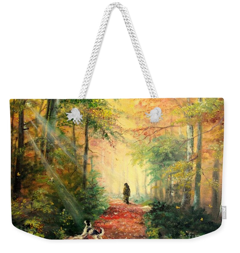 Autumn Weekender Tote Bag featuring the painting Invitation to walk  by Sorin Apostolescu
