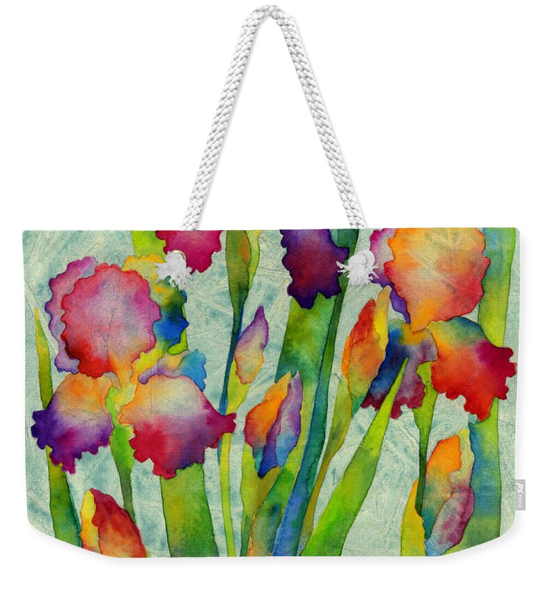 Iris Weekender Tote Bag featuring the painting Iris Elegance on Green by Hailey E Herrera
