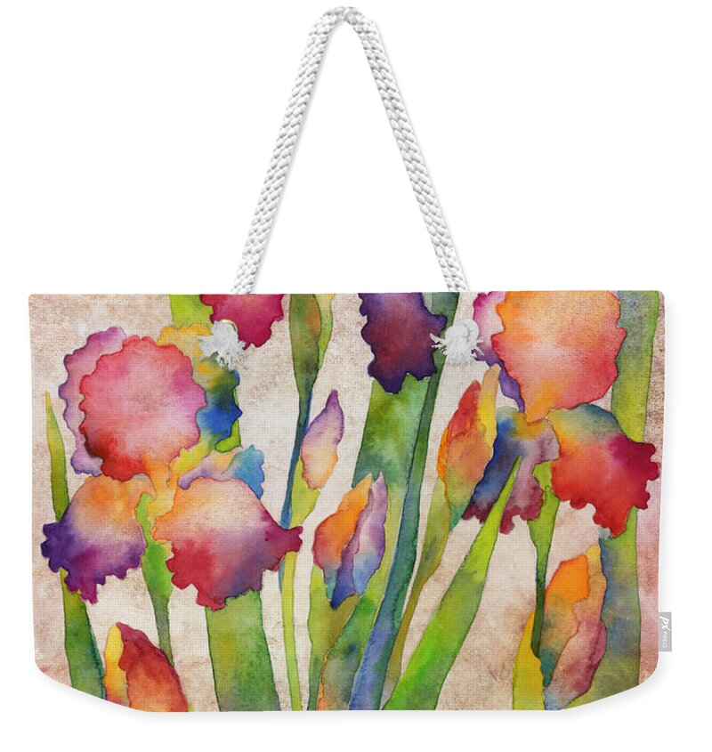 Iris Weekender Tote Bag featuring the painting Iris Elegance on Pink by Hailey E Herrera