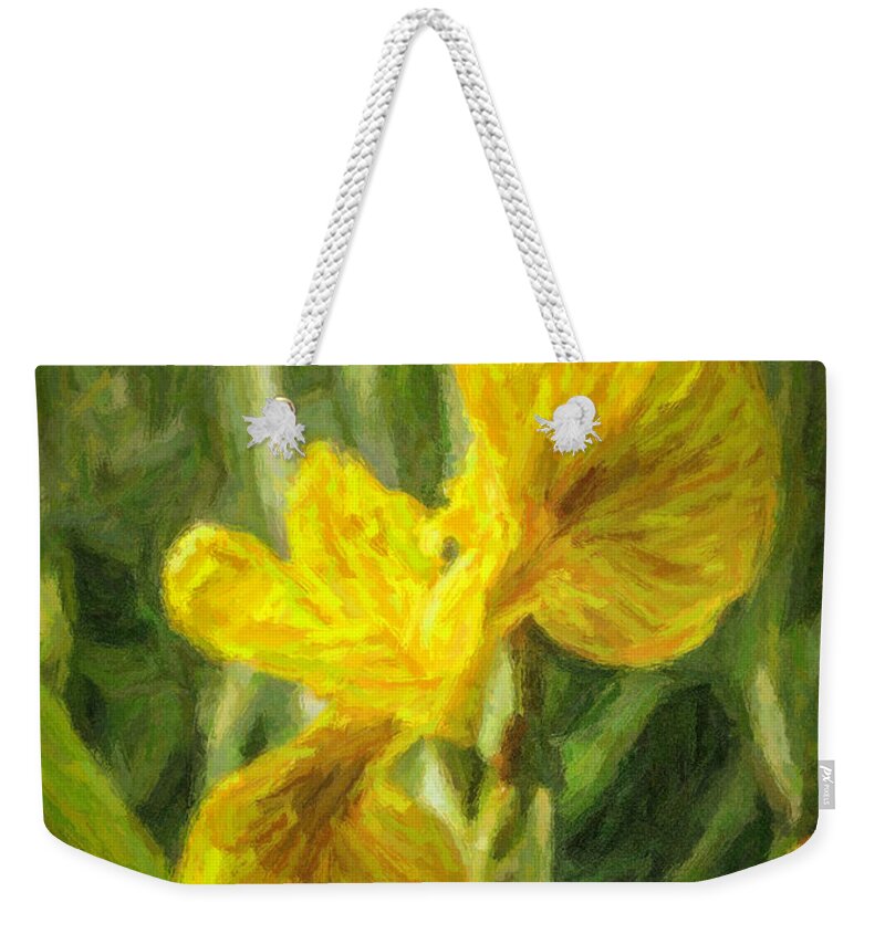 Yellow Flag Iris Weekender Tote Bag featuring the digital art Iris pseudacorus Yellow Flag Iris by Liz Leyden