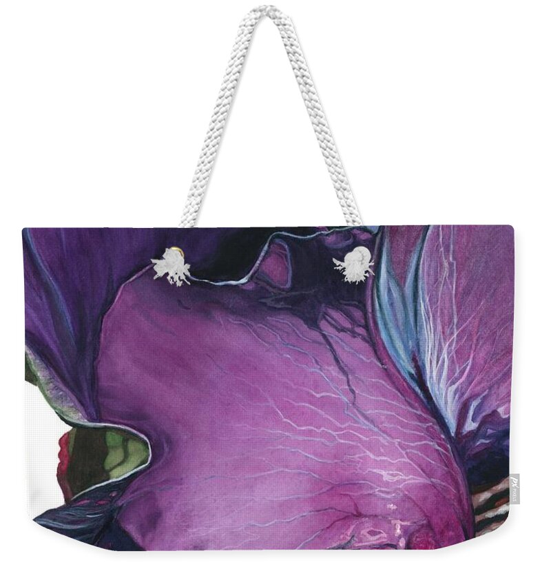 Flower Weekender Tote Bag featuring the painting Iris- Unfolding Drama by Barbara Jewell