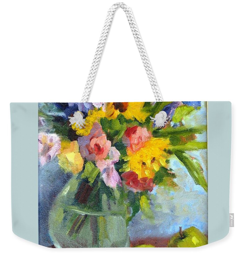 Sunflowers Weekender Tote Bag featuring the painting Irises and Apples by Maria Hunt