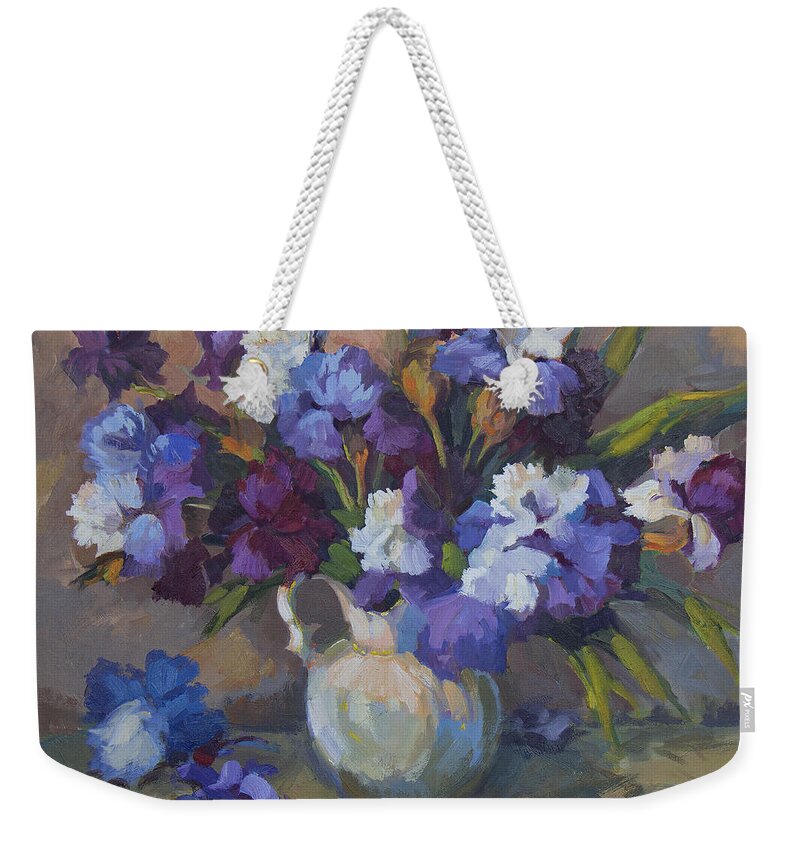 Irises Weekender Tote Bag featuring the painting Irises by Diane McClary