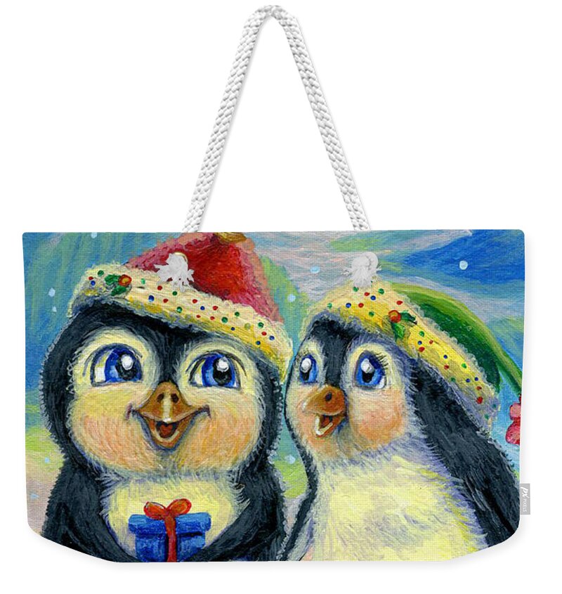 Penguins Weekender Tote Bag featuring the painting Is That Present For Me by Jacquelin L Westerman