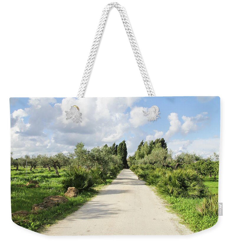 Tranquility Weekender Tote Bag featuring the photograph Italian Road To Olive Orchard by Courtney Hopkins