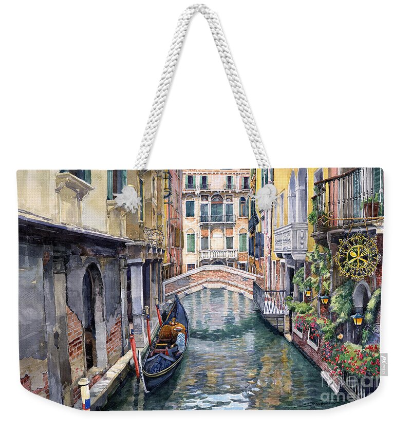 Watercolor Weekender Tote Bag featuring the painting Italy Venice Trattoria Sempione by Yuriy Shevchuk