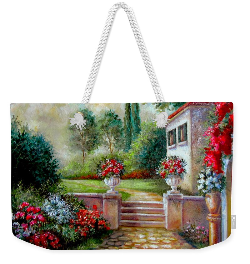 Fine Art Weekender Tote Bag featuring the painting Italyan Villa with garden by Regina Femrite