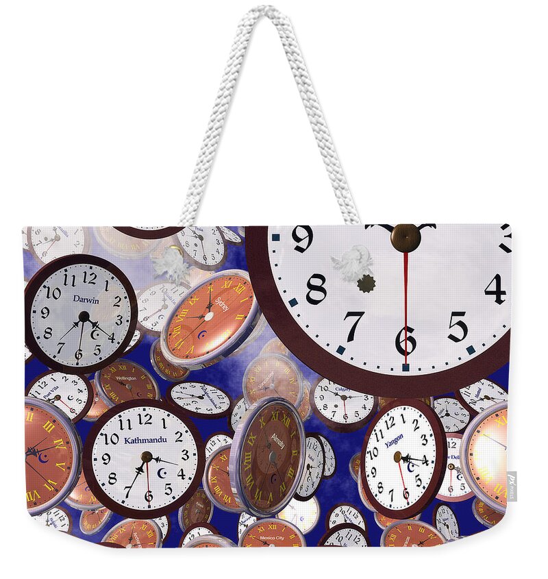 Clocks Weekender Tote Bag featuring the digital art It's Raining Clocks - Los Angeles by Nicola Nobile