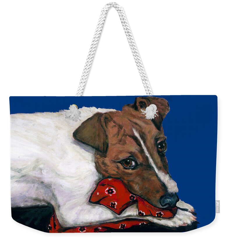 Dogs Weekender Tote Bag featuring the painting Jack Russell With A Red Bandana by Dale Moses