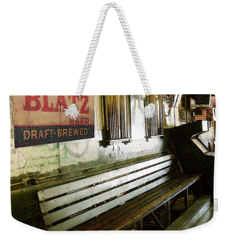 Jacks Pool Room Weekender Tote Bag featuring the photograph Jack's Bench by Lee Owenby