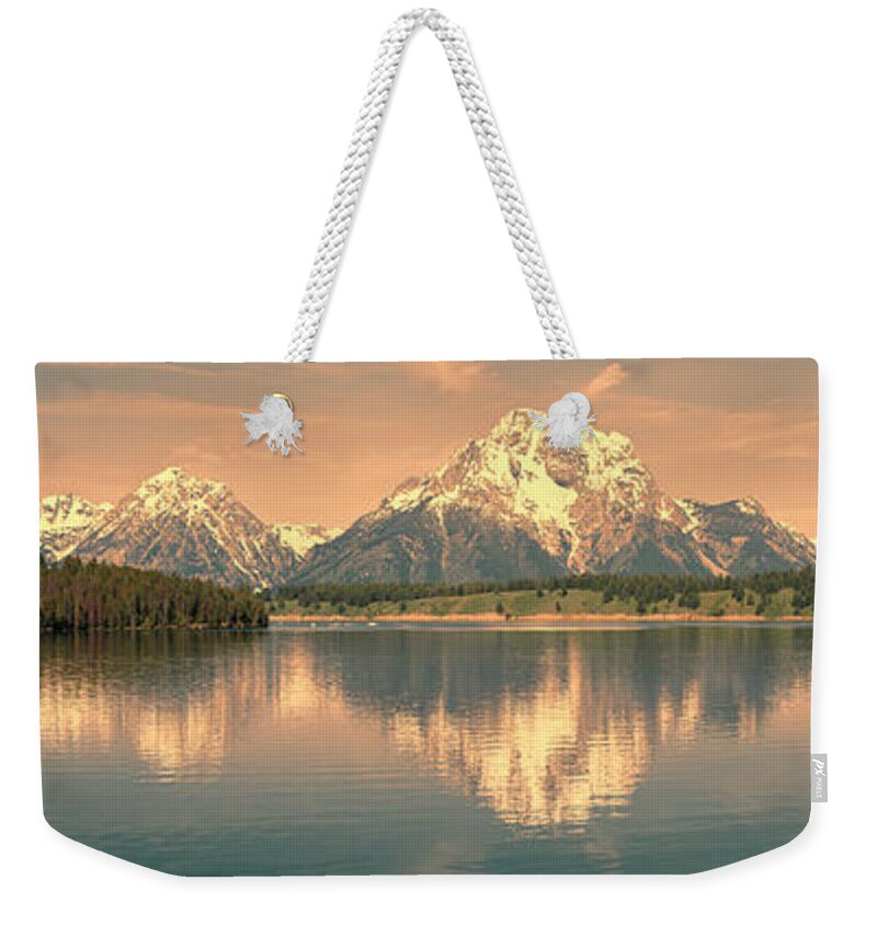 Panorama Weekender Tote Bag featuring the photograph Jackson Lake Sunrise - Grand Teton by Sandra Bronstein