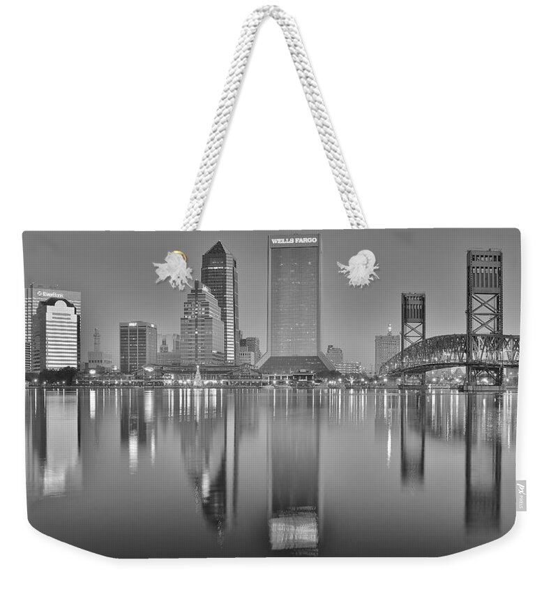 Jacksonville Weekender Tote Bag featuring the photograph Jacksonville Florida Black and White Panoramic View by Frozen in Time Fine Art Photography