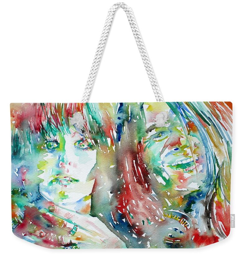 Janis Weekender Tote Bag featuring the painting JANIS JOPLIN and GRACE SLICK watercolor PORTRAIT.1 by Fabrizio Cassetta