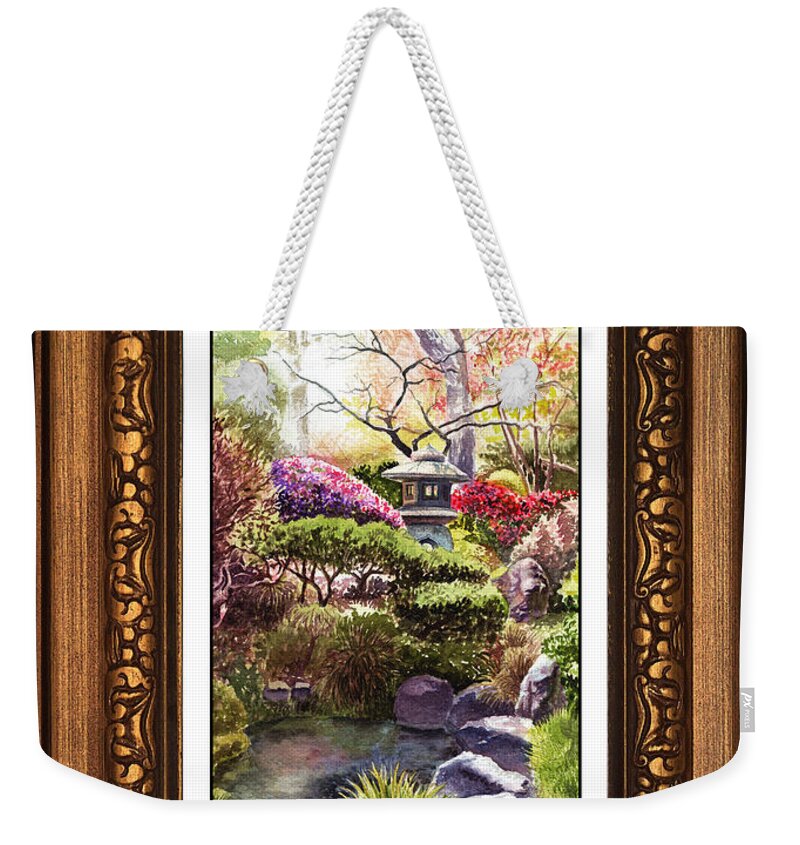 Japanese Gaden Weekender Tote Bag featuring the painting Japanese Garden In Vintage Frame by Irina Sztukowski
