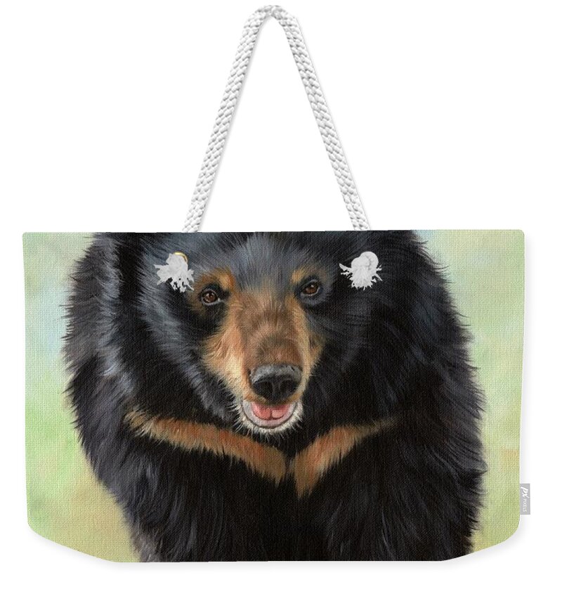 Moon Bear Weekender Tote Bag featuring the painting Jasper Moon Bear - In support of Animals Asia by Rachel Stribbling