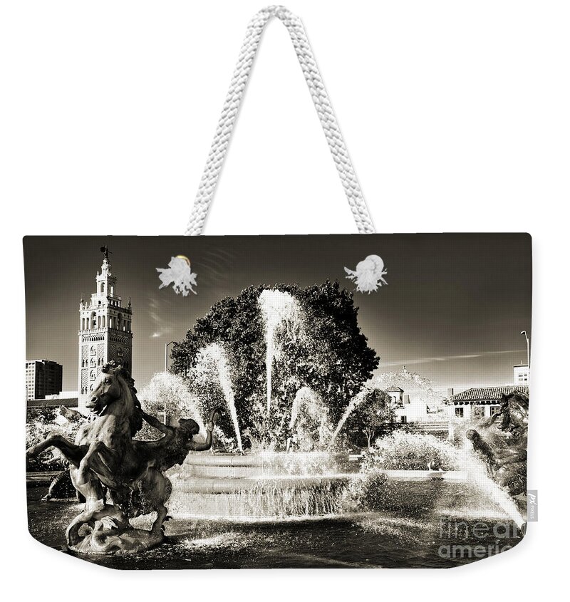 Kansas City Weekender Tote Bag featuring the photograph JC Nichols Memorial Fountain BW 1 by Andee Design