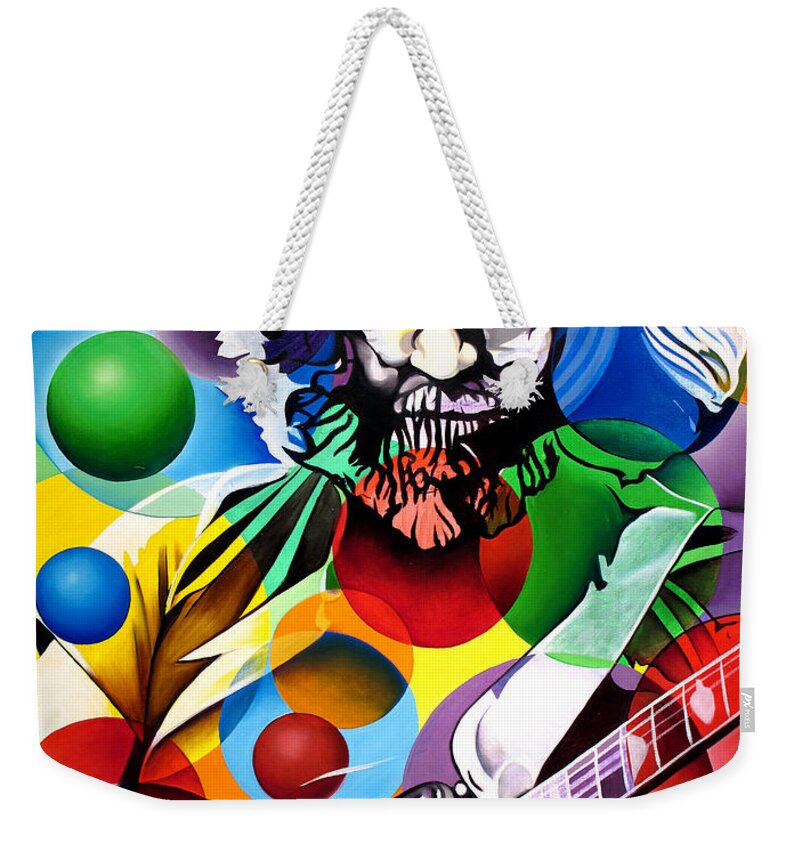 Jerry Garcia Weekender Tote Bag featuring the painting Jerry Garcia in Bubbles by Joshua Morton