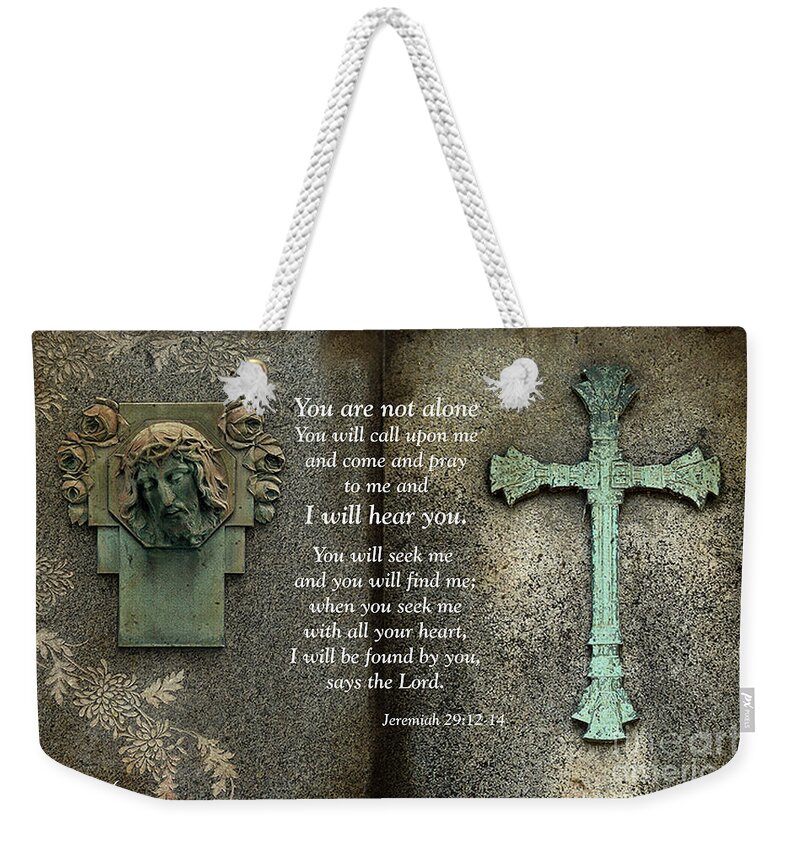 Jesus Weekender Tote Bag featuring the photograph Jesus With Cross Inspirational Bible Scripture - Christian Jesus Cross Bible Scripture by Kathy Fornal