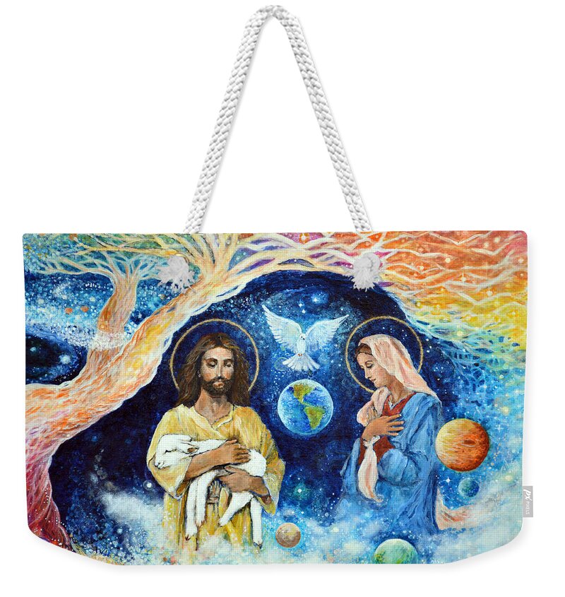 Jesus Weekender Tote Bag featuring the painting Jesus and Mary Cloud Colored Christ Come by Ashleigh Dyan Bayer