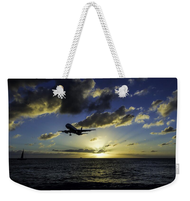 Jetblue Weekender Tote Bag featuring the photograph jetBlue landing at St. Maarten by David Gleeson