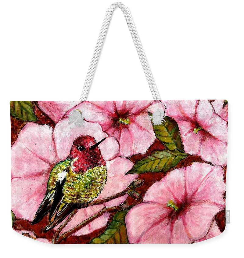 Bird Weekender Tote Bag featuring the painting Jewel Among Blooms by VLee Watson