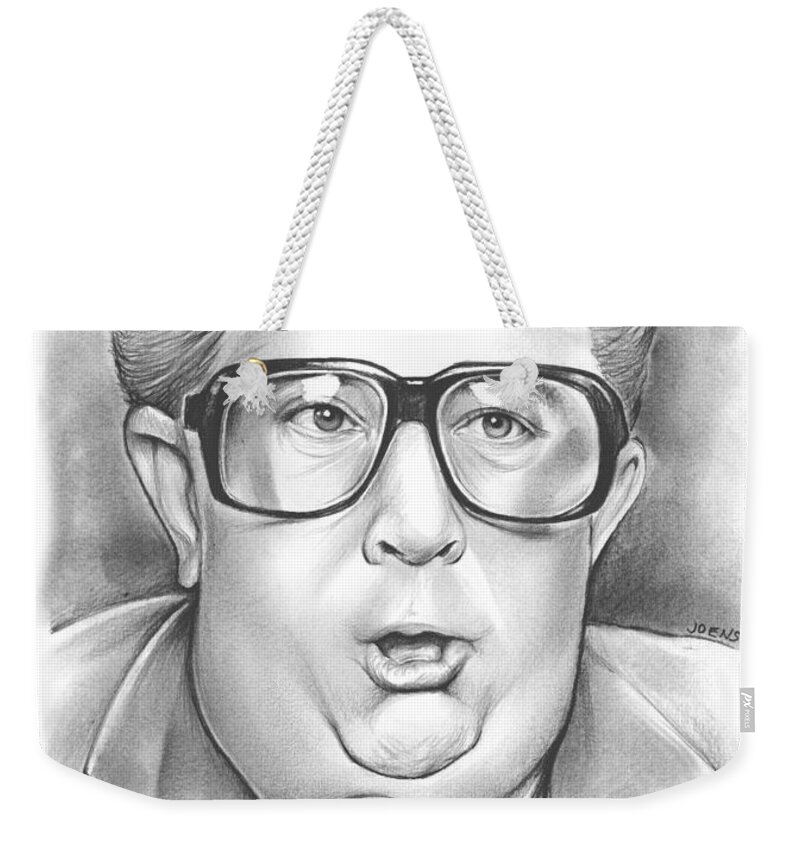 Celebrities Weekender Tote Bag featuring the drawing Jiminy Glick by Greg Joens
