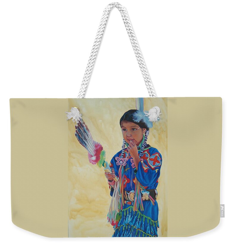 Native American Weekender Tote Bag featuring the painting Jingle by Christine Lytwynczuk