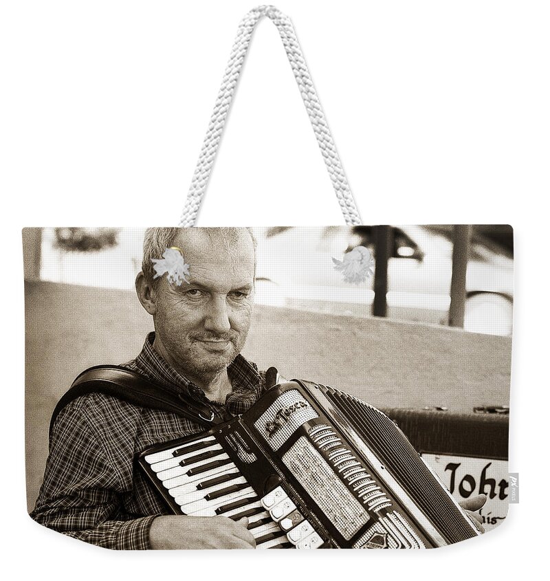 Accordion Weekender Tote Bag featuring the photograph John and His Accordion Tunkhannock PA. by Arthur Miller