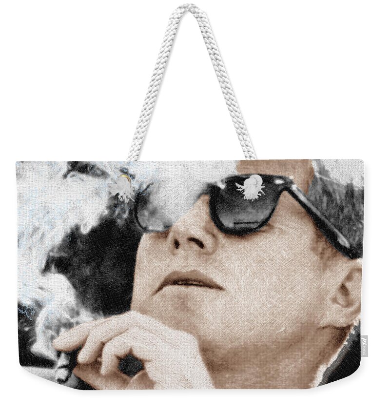 President Weekender Tote Bag featuring the painting John F Kennedy Cigar and Sunglasses by Tony Rubino