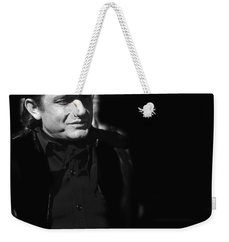 Johnny Cash Film Noir Homage Old Tucson Az All Black Clothes Door To Door Maniac Weekender Tote Bag featuring the photograph Johnny Cash film noir homage Old Tucson Arizona 1971 by David Lee Guss