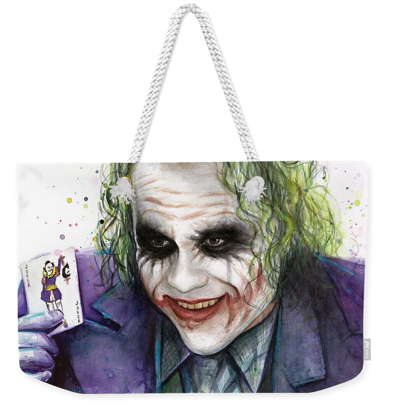 Watercolor Weekender Tote Bag featuring the painting Joker Watercolor Portrait by Olga Shvartsur