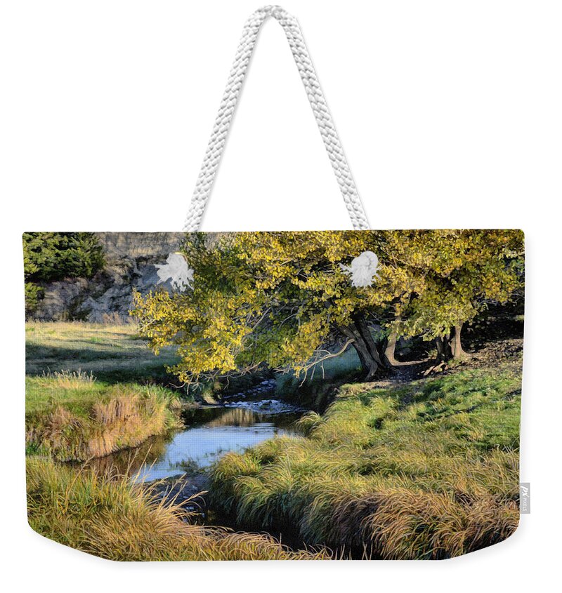 Landscape Weekender Tote Bag featuring the drawing Jordan Creek Autumn by Bruce Morrison