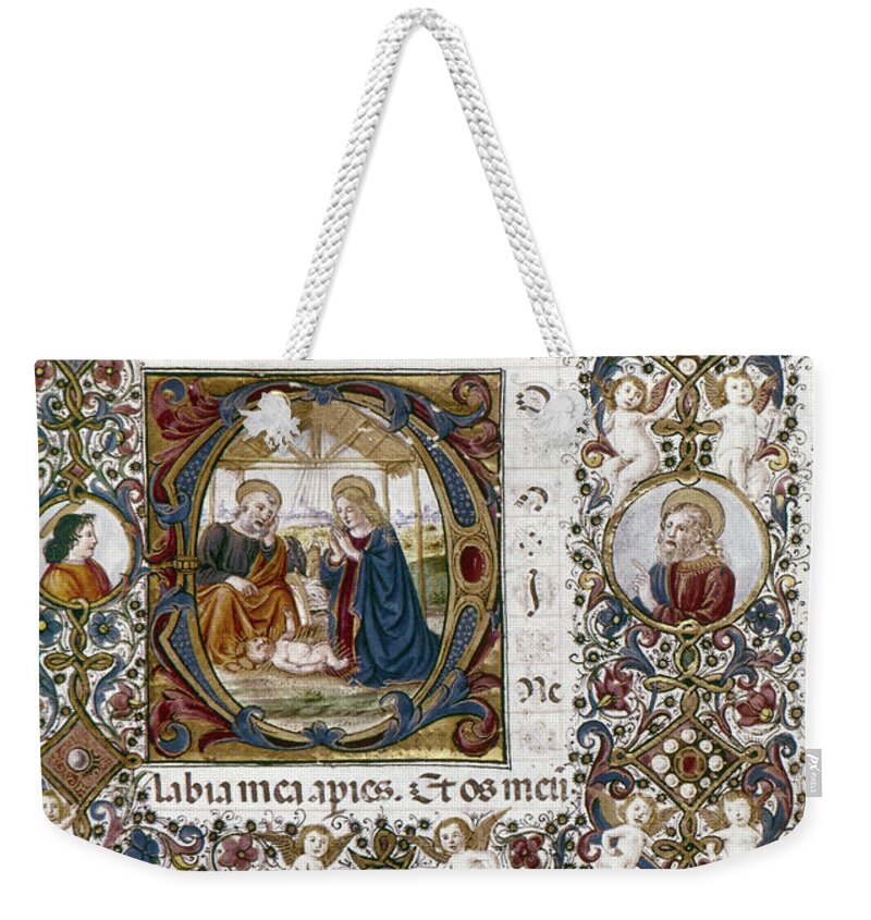 Adoration Weekender Tote Bag featuring the painting Joseph, Mary, And Child Joseph And Mary by Granger