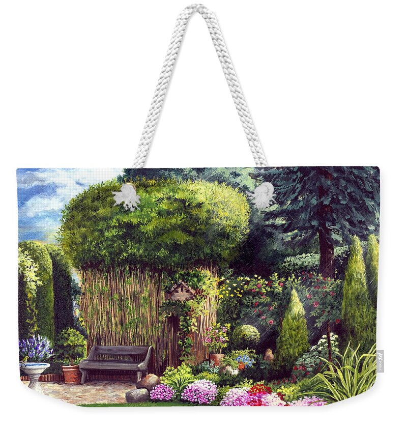 Garden Path Weekender Tote Bag featuring the painting Joy's Garden by Mary Palmer