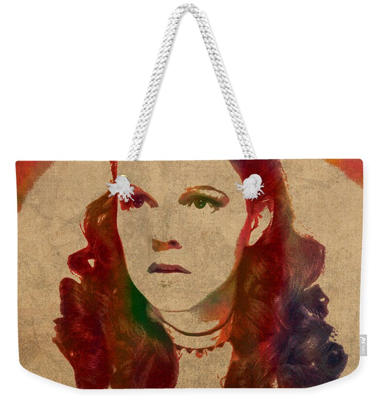 Judy Garland Weekender Tote Bag featuring the mixed media Judy Garland as Dorothy Gale in Wizard of Oz Watercolor Portrait on Worn Distressed Canvas by Design Turnpike