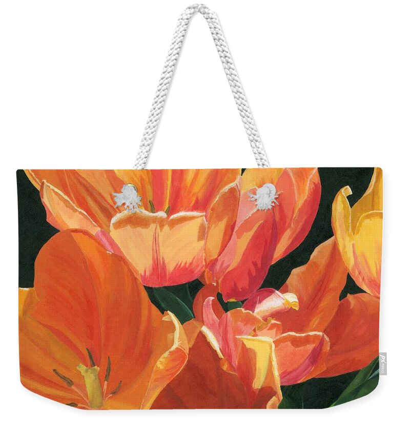 Tulips Weekender Tote Bag featuring the painting Julie's Tulips by Lynne Reichhart