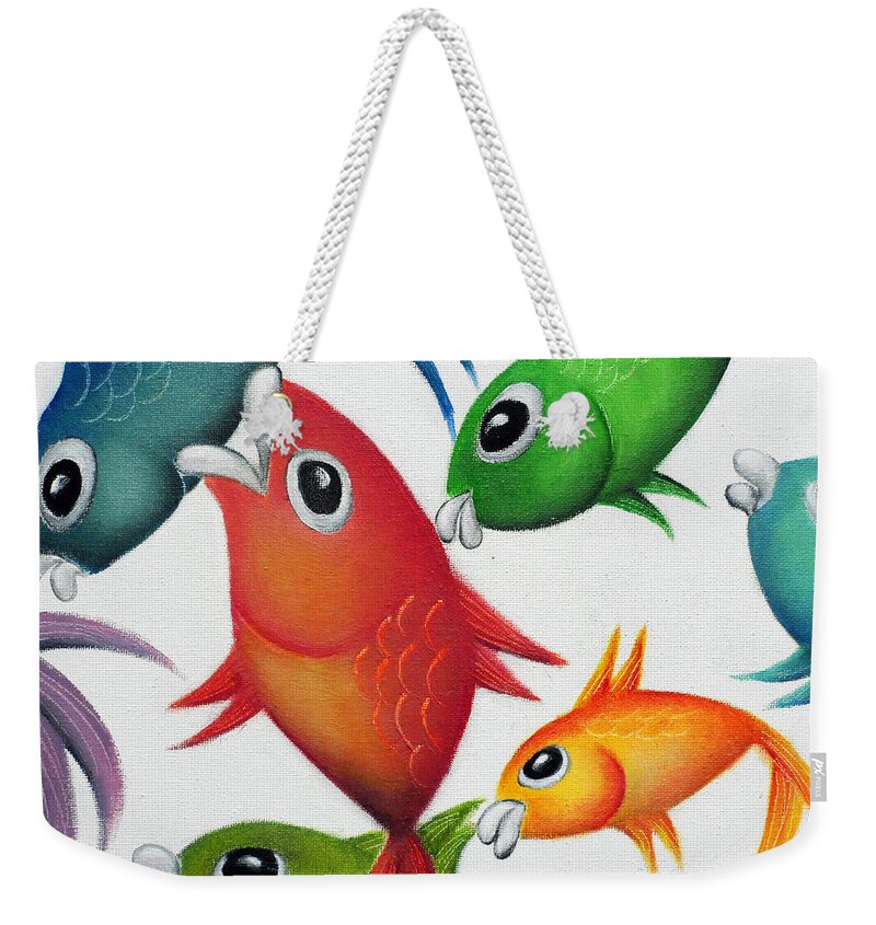 Whimsical Fish Weekender Tote Bag featuring the painting Jumpalaya by Oiyee At Oystudio