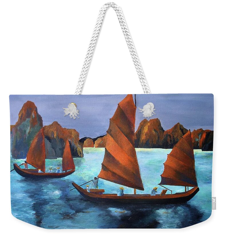 Fishing Weekender Tote Bag featuring the painting Junks In the Descending Dragon Bay by Taiche Acrylic Art